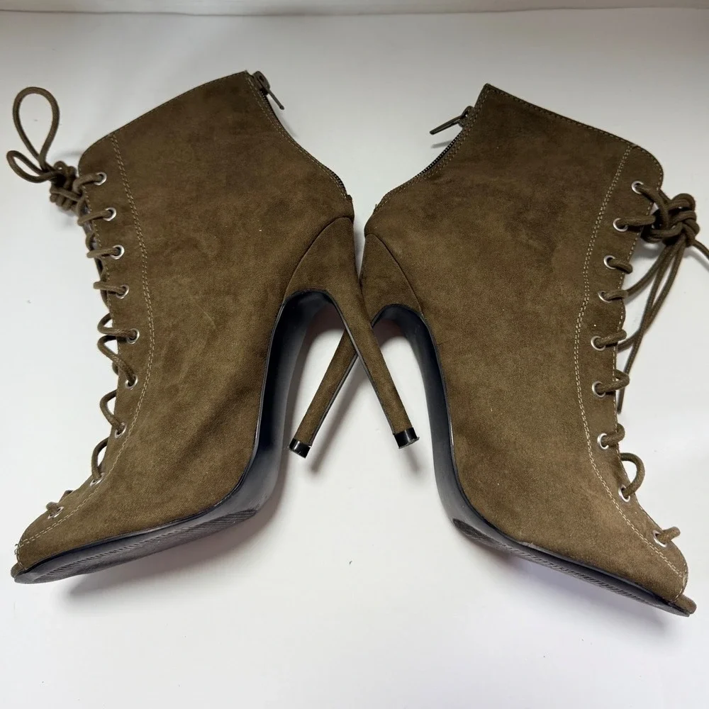 Charlotte Russe Lace Up Ankle Boots Olive Peep Toe Stiletto Heel Baddie Glam Sz7